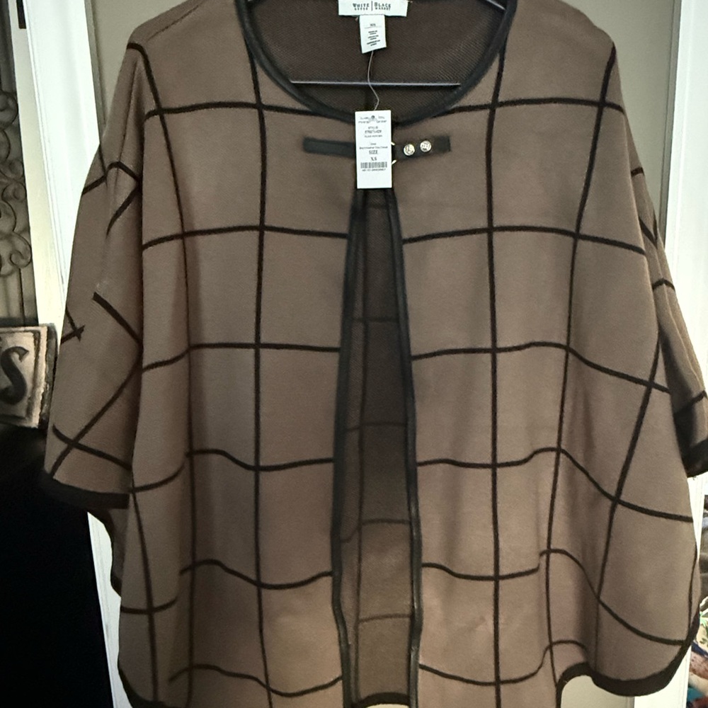White House Black Market Brown Plaid Poncho with Black Trim